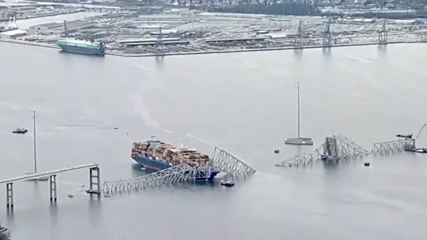 Aerial steel frame of the collapsed Francis Scott Key Bridge in Baltimore