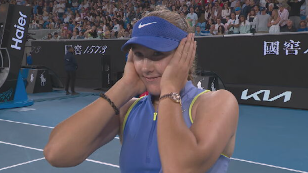 Mirra Andreeva reacts after being reminded of a statistic about Australian Open winners.