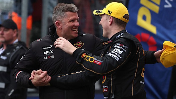Matthew Payne driver of the #100 Penrite Racing Ford Mustang GT celebrates with co driver Garth Tander after they won the 2025 Bathurst 1000 which is part of the 2025 Supercars Championship at Mount Panorama.