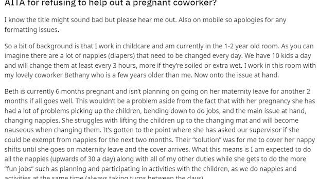 Pregnant coworker Reddit post