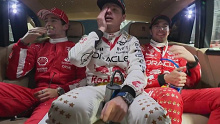 Charles Leclerc, Max Verstappen and Sergio Perez in the affectionally dubbed 'cooldown car' at the Las Vegas Grand Prix.