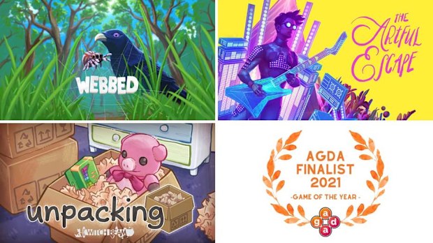 Webbed, The Artful Escape and Unpacking video game screen shots