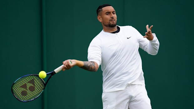 Nick Kyrgios practices at the All England Lawn Tennis and Croquet Club in Wimbledon in 2023.