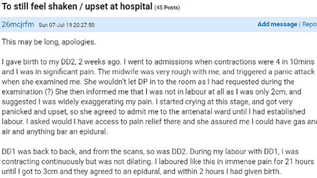 The woman says the birth left her feeling 'shaken'.