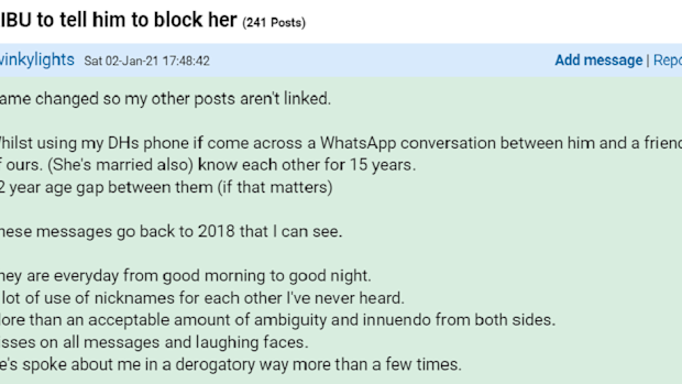 The woman discovered what she says is an 'emotional affair' on WhatsApp.