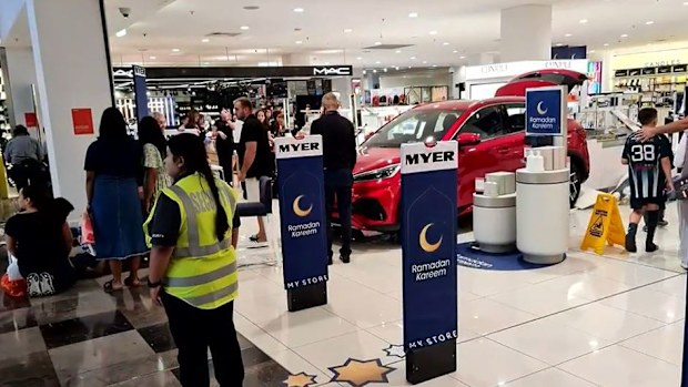 Three people are believed to have been injured when a BYD electric car rapidly reversed from its place on a display stand at Westfield Liverpool, reversing into Myer.
