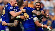 Josh Addo-Carr of the Eels celebrates scoring his second try.
