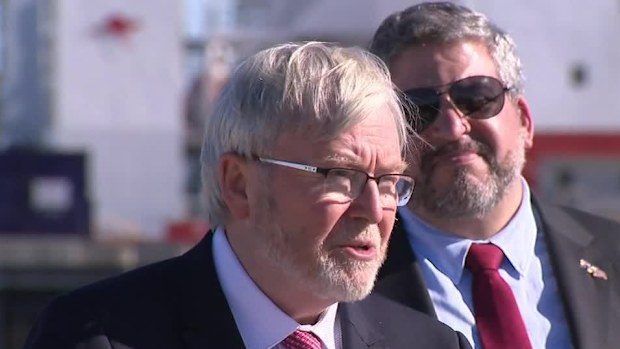 Australia's Ambassador to the US Kevin Rudd was on Garden Island touring the 110-metre vessel which can go three months underwater.