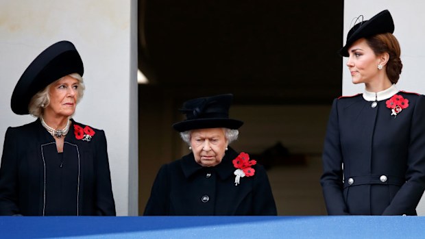 Camilla, Duchess of Cornwall, Queen Elizabeth II and Catherine, Duchess of Cambridge attend the annual Remembrance Sunday Service at The Cenotaph on November 11, 2018 in London, England. 