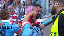 David Klemmer and Victor Radley almost came to blows at the end of the first set of the Anzac Day clash between the Roosters and Dragons.