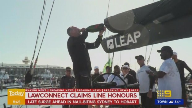 The LawConnect crew celebrates winning the 2023 Sydney to Hobart.