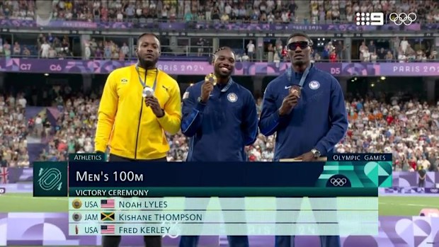 Medals for the 100m men's final.
