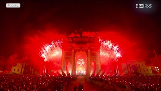 A spectacular fireworks display after the lighting of the cauldron at the Milano Arco della Pace, the arc of peace, as a part of the Milano Cortina 2026 Opening Ceremony.