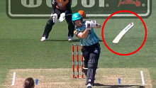 Grace Harris breaks her bat during the WBBL match between the Perth Scorchers and the Brisbane Heat at North Sydney Oval.