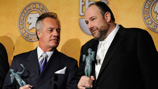 Tony Sirico and James Gandolfini hold their awards for best ensemble in a drama for their work in <i>The Sopranos</i> at the 14th Annual Screen Actors Guild Awards in 2008.