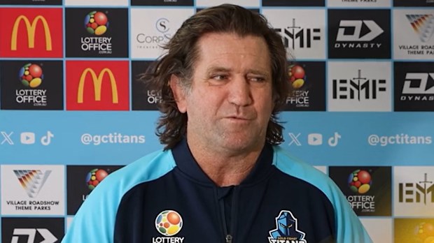 Titans coach Des Hasler speaks to media.