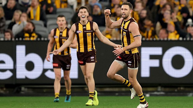 Jack Gunston of the Hawks celebrates kicking a goal.