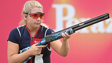 Amber Hill of Great Britain waits to shoot during the ISSF World Cup Shotgun.