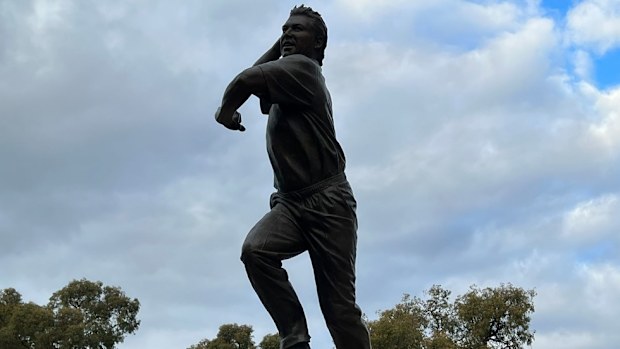 A statue of the late Shane Warne, an Australian cricket legend, outside of the MCG in Melbourne.