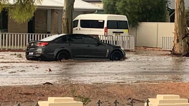 Floodwaters swamped this Holden in Broken Hill.