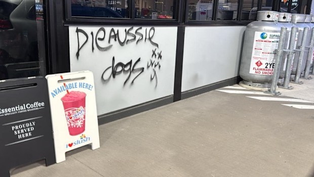 CCTV footage has caught the moment a vandal defaced a petrol station in Sydney's south-west with the words "die Aussie dogs" and "I hate Australia." 