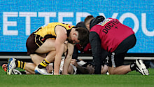 Jai Newcombe of the Hawks and Jeremy Howe of the Magpies are seen after the collision.