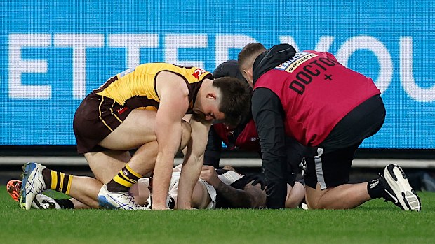 Jai Newcombe of the Hawks and Jeremy Howe of the Magpies are seen after a collision.
