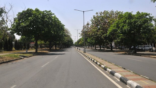 Roads empty at Sector 21-22 due to a Covid-19 lockdown in Chandigarh, India.