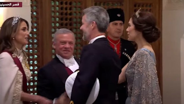Crown Princess Mary of Denmark and Crown Prince Frederik at the evening wedding reception of Crown Prince Hussein and Princess Rajwa at the Al Husseiniyia Palace, June 1, 2023.