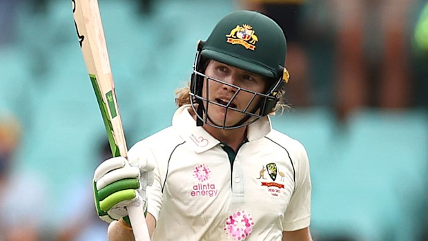 Will Pucovski of Australia celebrates after reaching his half century.
