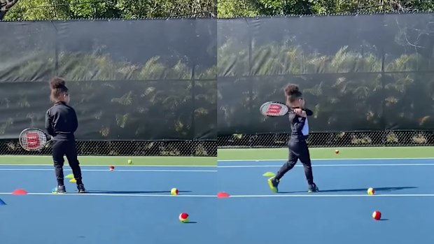 Serena Williams daughter Alexis playing tennis. 
