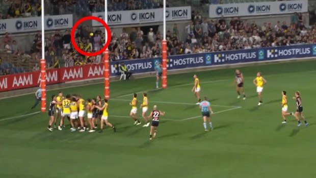 Mason Cox went head-to-head with Tigers players in a chaotic finish to Collingwood's Community Series win over Richmond.