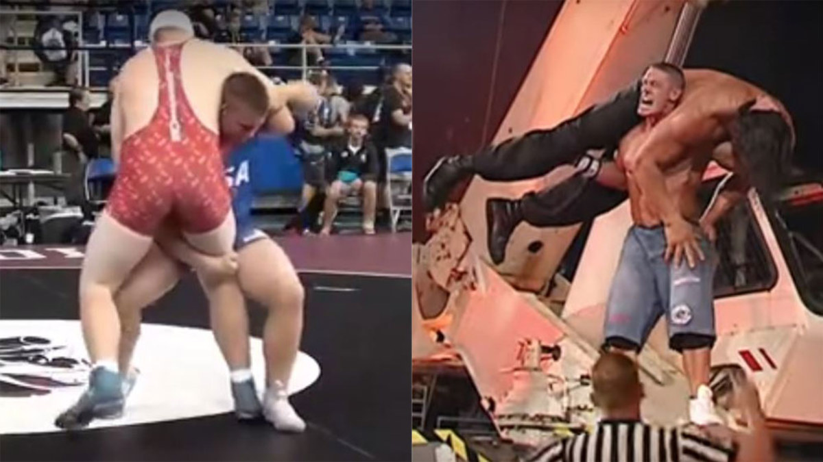 US wrestling champion uses WWE move during tournament | Nine.com.au