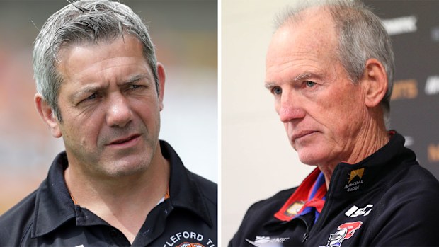 Castleford coach Daryl Powell (L) and Wayne Bennett. (AAP)
