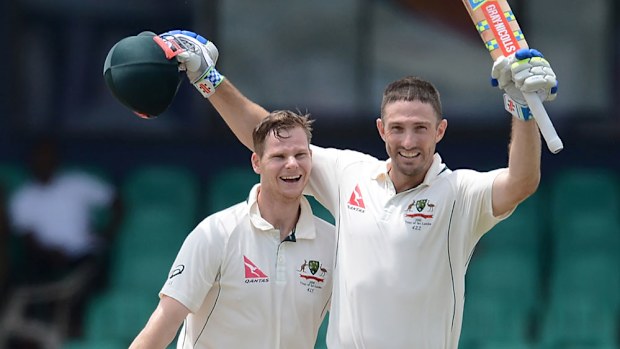 Steve Smith and Shaun Marsh celebrate their centuries against Sri Lanka (AFP)