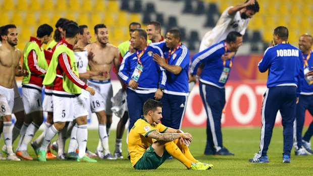 The Olyroos' Jamie Maclaren reacts after their bitter draw. (Getty)