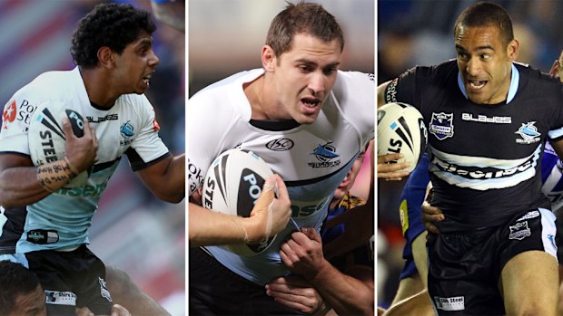 Former Cronulla players (L-R) Albert Kelly, Paul Aiton and Dean Collis.
