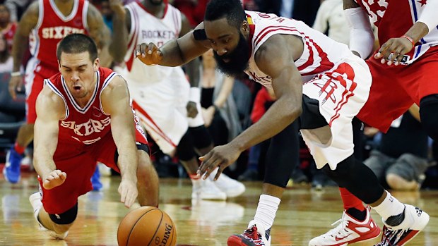 James Harden (R) heaped misery on the Sixers. (Getty)