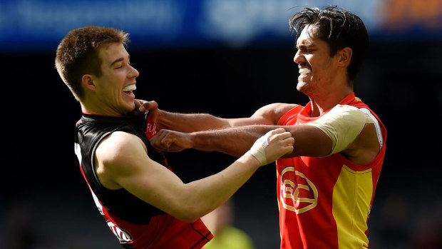 Zach Merrett of the Bombers and Aaron Hall of the Suns go at it (AAP)