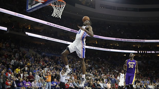 Jerami Grant soars for a dunk against the Lakers. (AAP)
