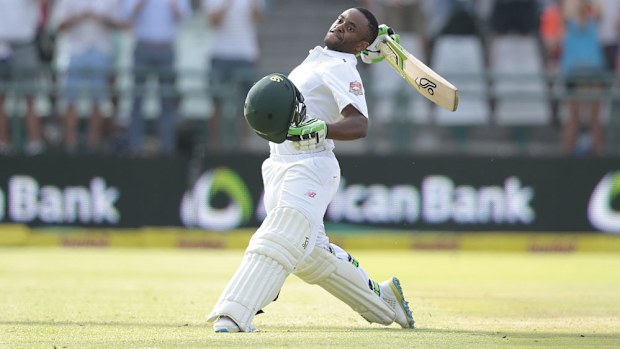 Temba Bavuma celebrates his century for South Africa. (Getty)