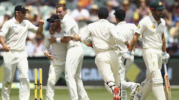 NZ players celebrate the dismissal of Shaun Marsh. (Getty)