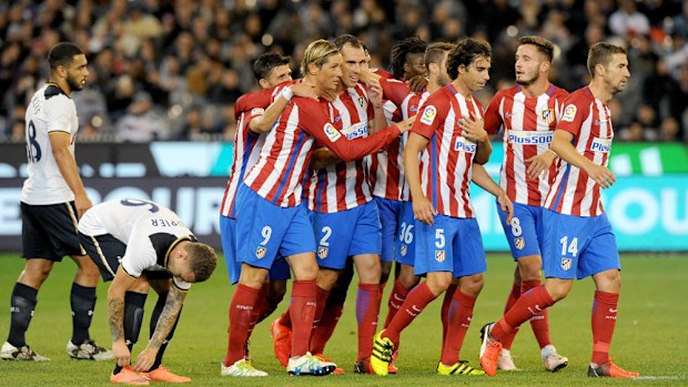 Atletico Madrid celebrate their goal (AAP)