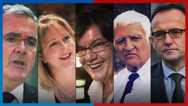 Crossbench MPs Andrew Wilkie, Rebekha Sharkie, Cathy McGowan, Bob Katter and Adam Bandt.