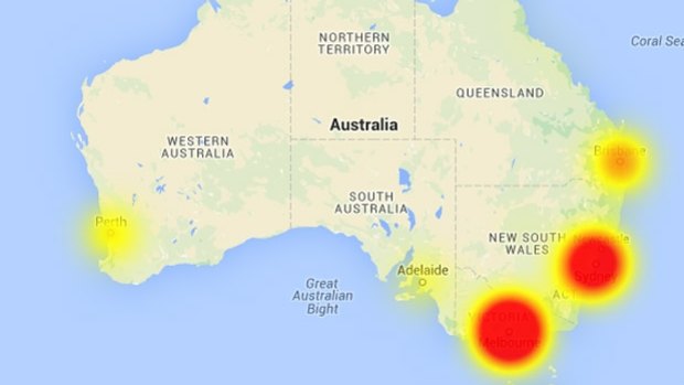 A map of social media reports about Telstra's network outages.