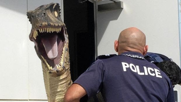 Three locals handed Bruce the velociraptor into police after they found him at the top of Mt Coolum.