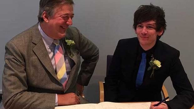 Happy couple: Stephen Fry has married Elliot Spencer.