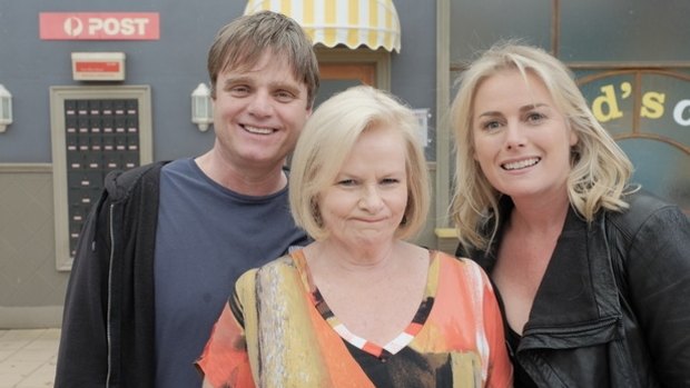 Director Colette Mann (centre) with Frankie and Johnny in the Clair de Lune stars Damien Richardson and Kate Kendall.