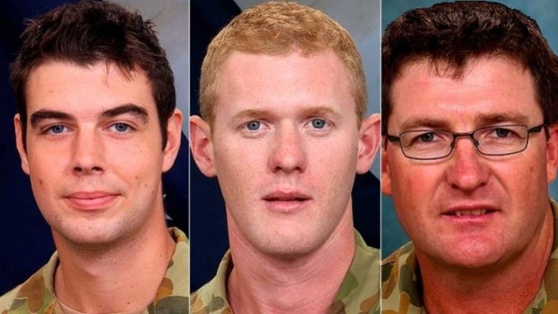 Slain Queensland soldiers Sapper James Martin, Private Robert Poate and Lance Corporal Stjepan Milosevic.
