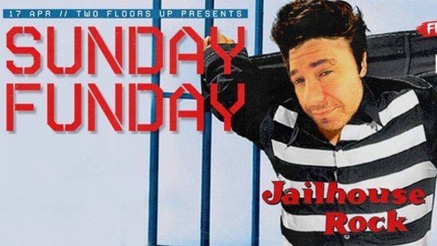 Promotion for the "Jail House Rock" event at night club Two Floors Up, featuring Jason Kolbeck (pictured).